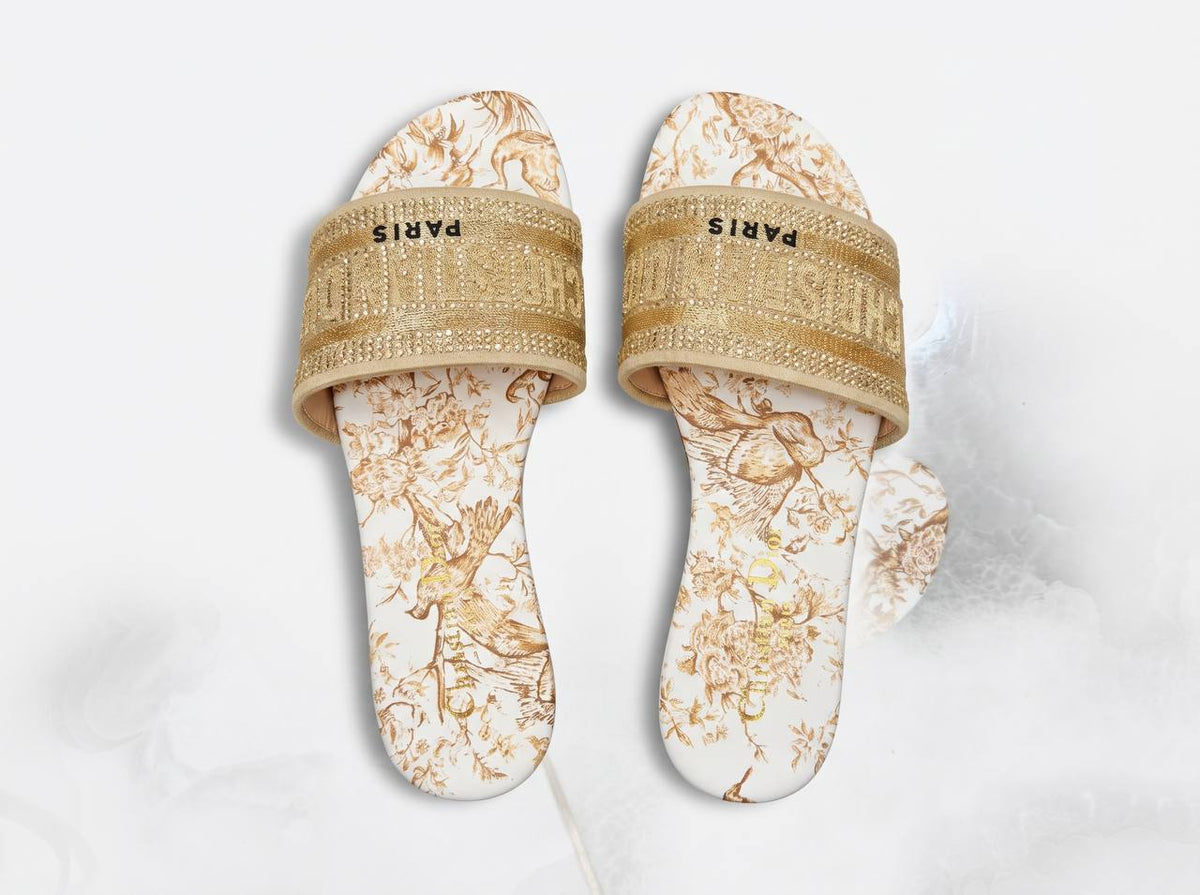 Christian Dior Dway Toile de Jouy Gold Slides ✨