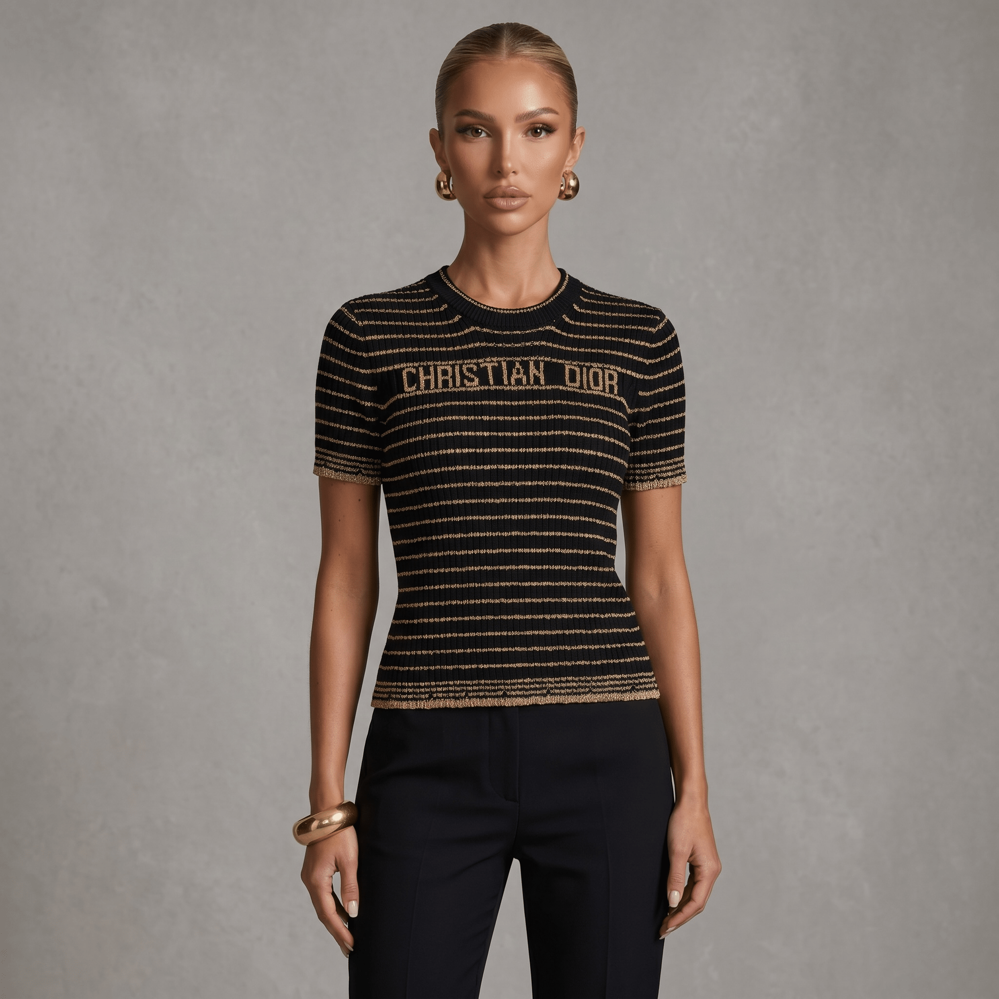 β¨ Christian Dior Metallic Stripe Knit Top β Black & Gold