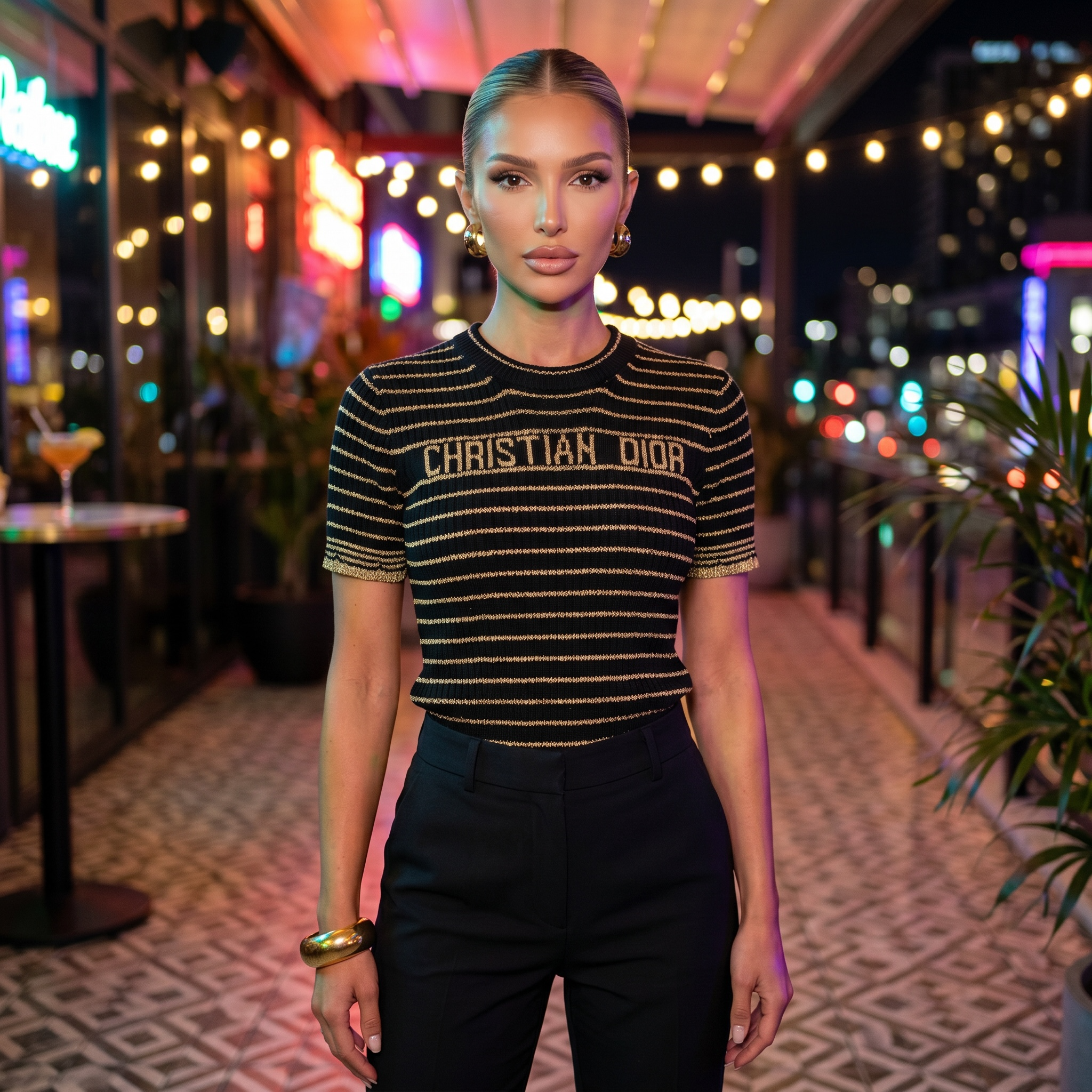 β¨ Christian Dior Metallic Stripe Knit Top β Black & Gold