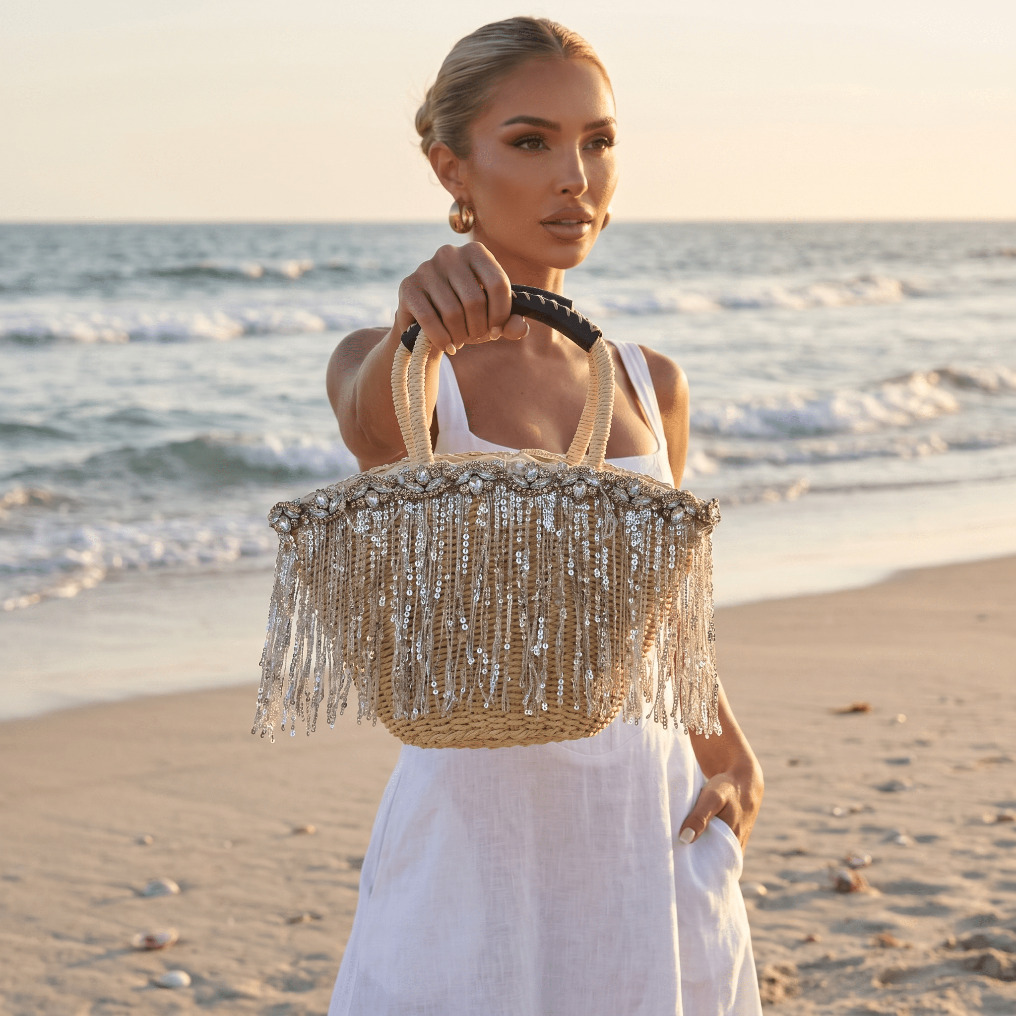Crystal Fringe Woven Beach Tote β Natural Beige β¨ποΈ