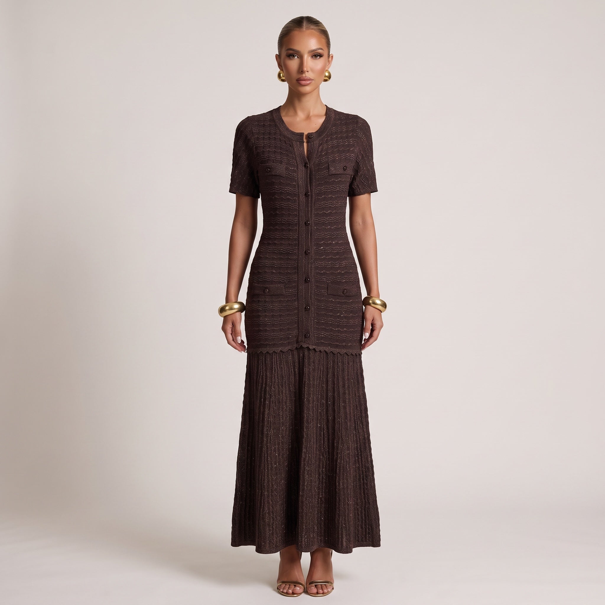 Sandro diane rhinestone Knit Dress – Chocolate Brown Cardigan Dress 🍫✨