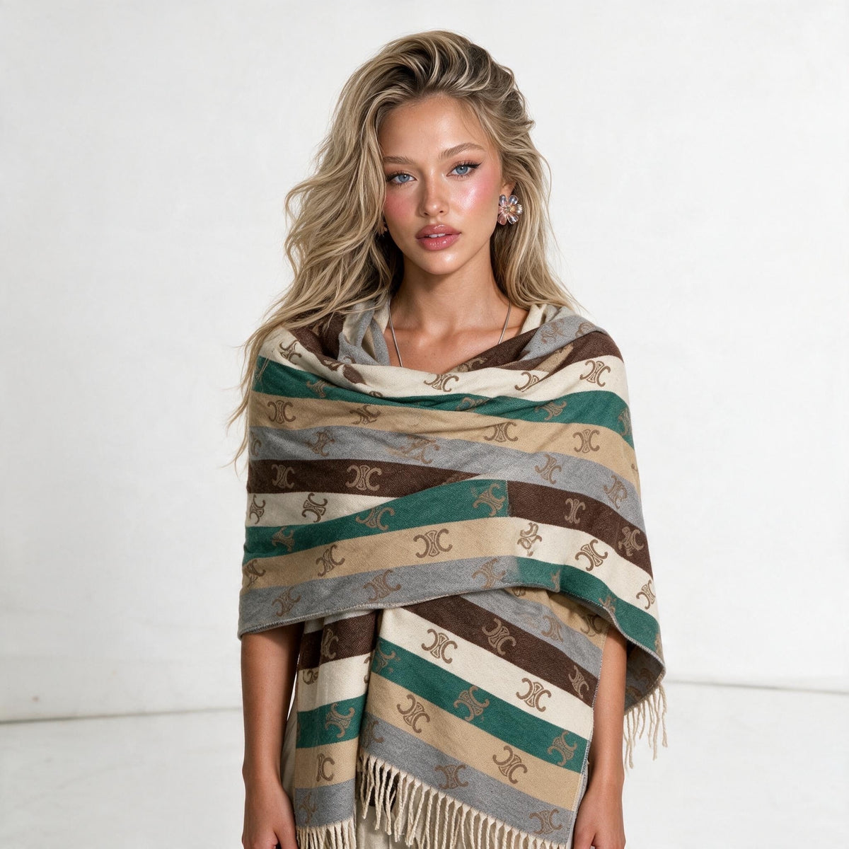 Celine Triomphe Fringe Shawl — Brown