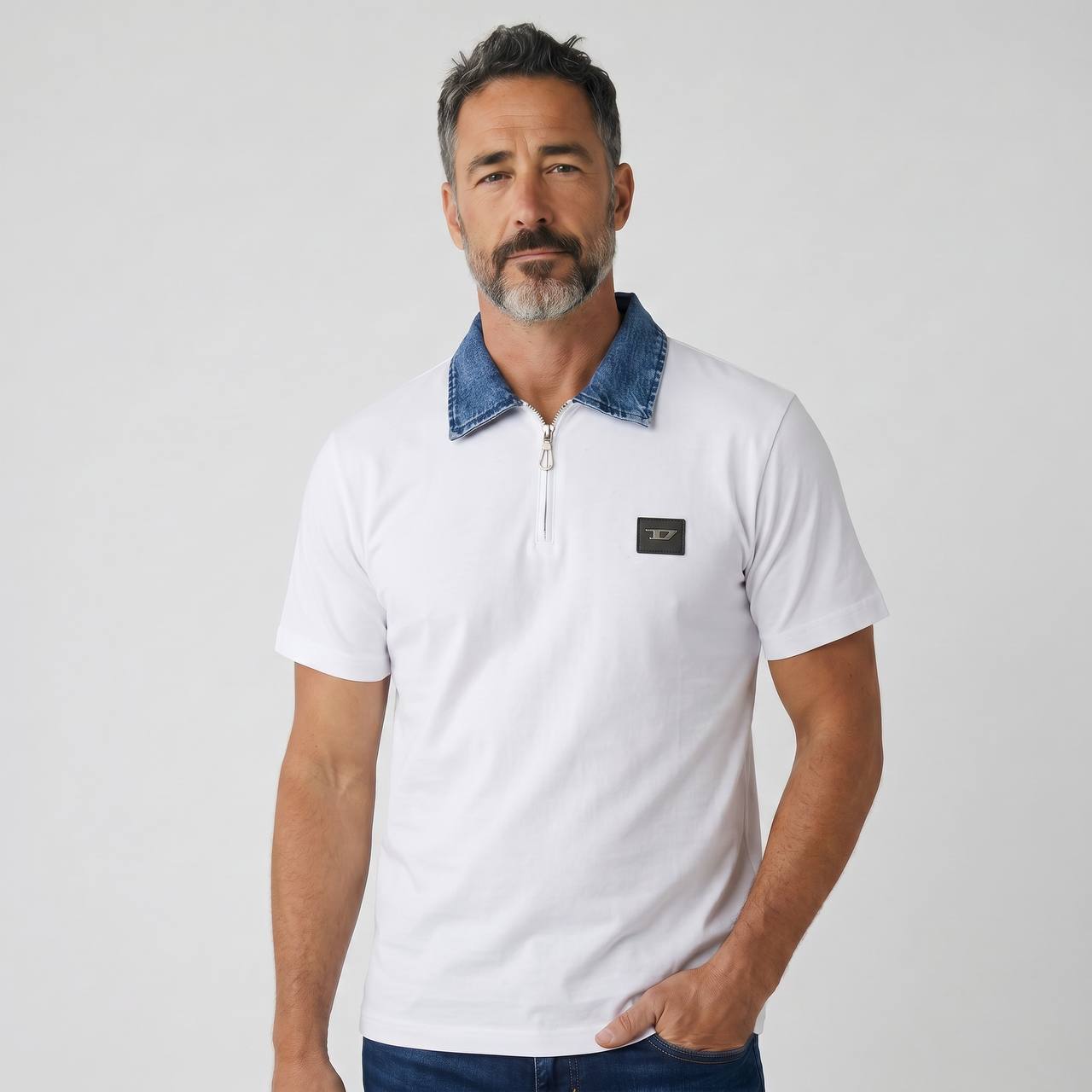 Diesel Denim Collar Zip Polo β Arctic White Edition π€π