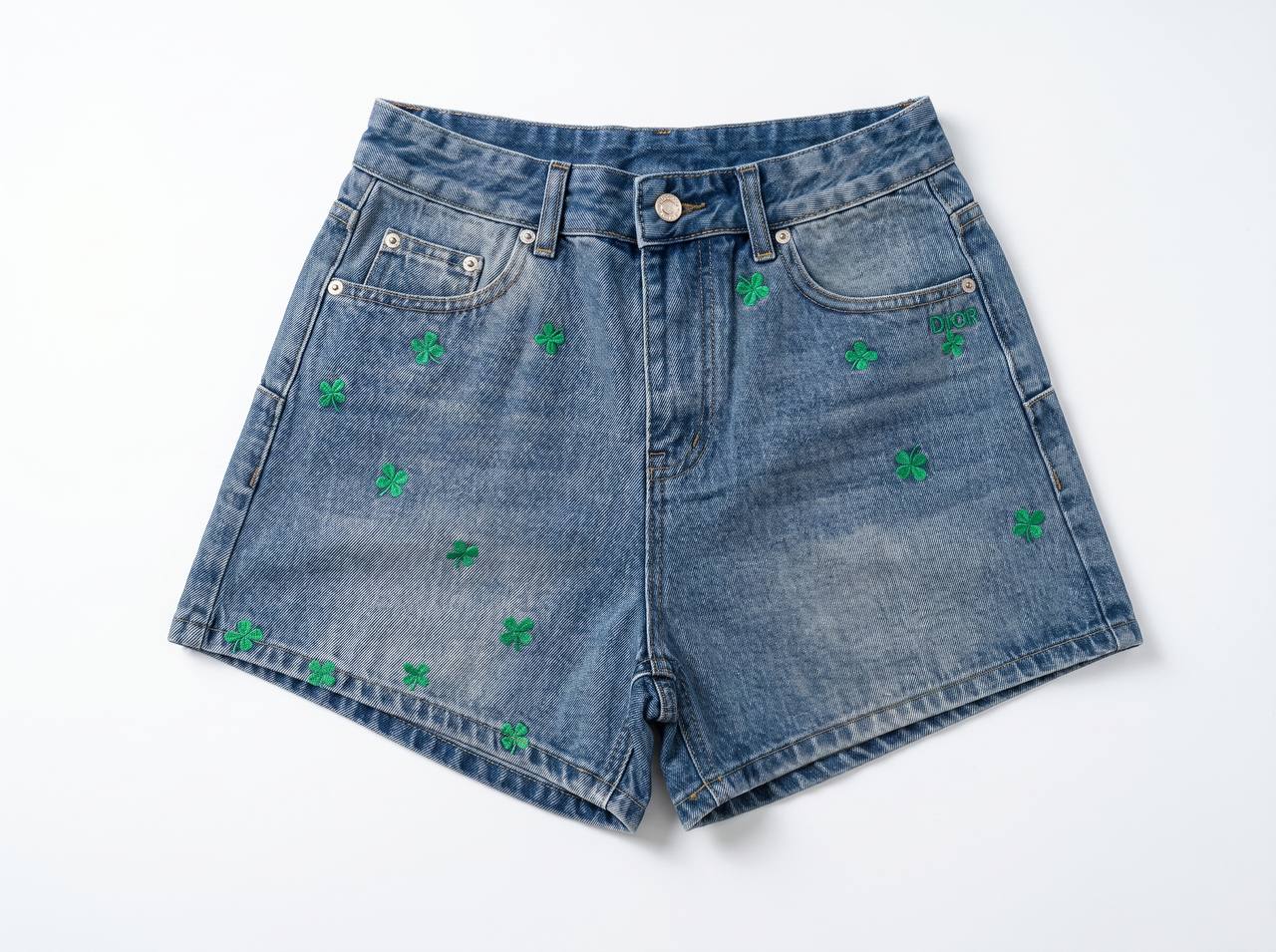 Dior Lucky Clover Embroidered Denim Shorts β Blue