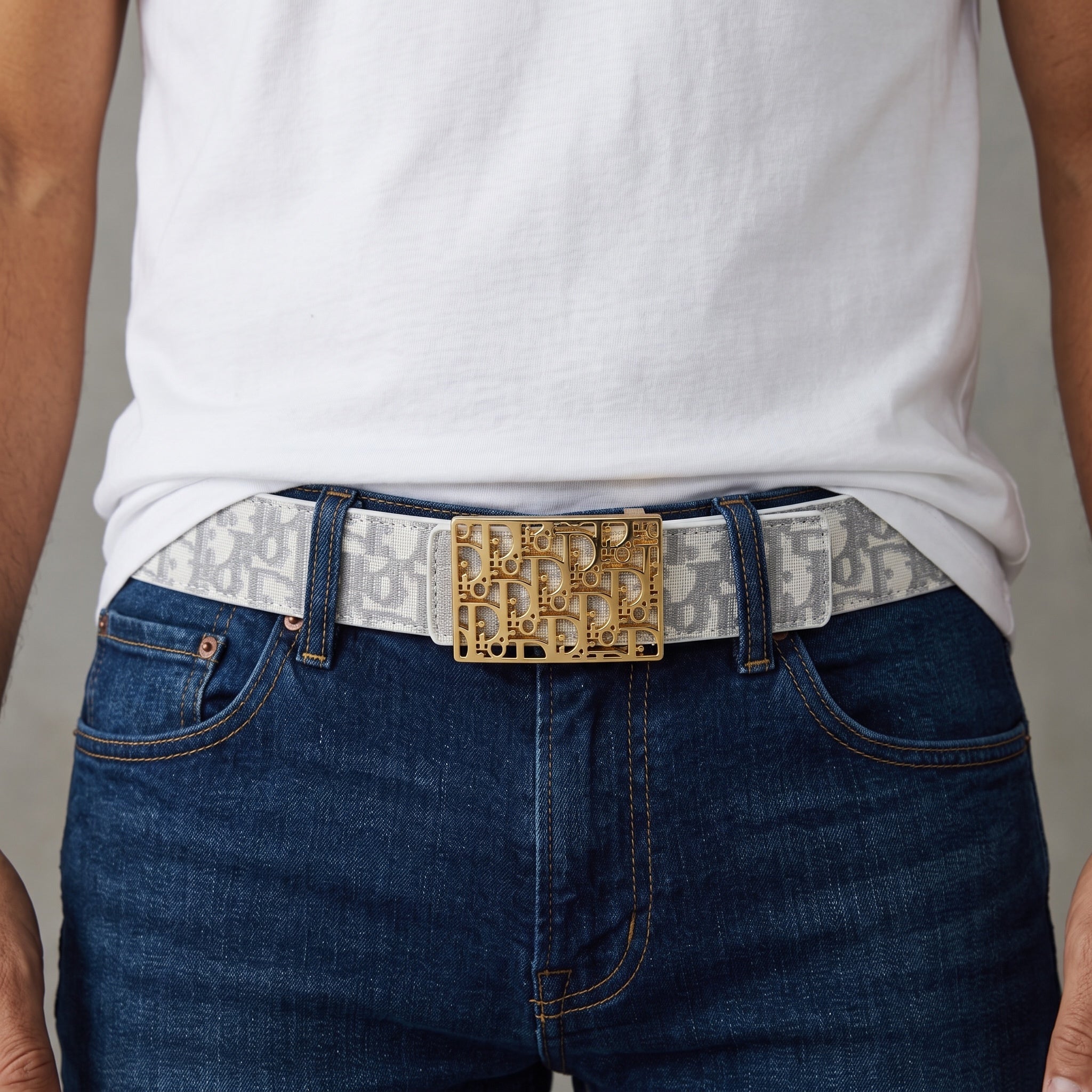 Dior Monogram Belt – White Grey with Gold Buckle ✨ 125 cm