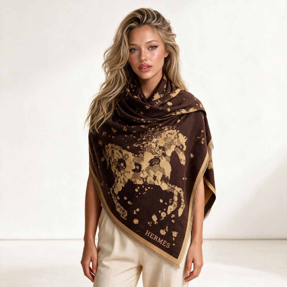 Hermès Floral Jacquard Shawl — Brown