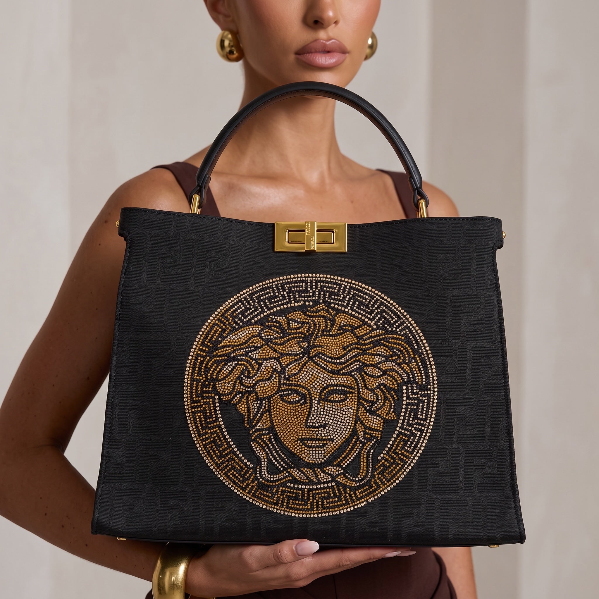 Fendace Tote β Black Medusa Crystal π FENDI X VERSACE
