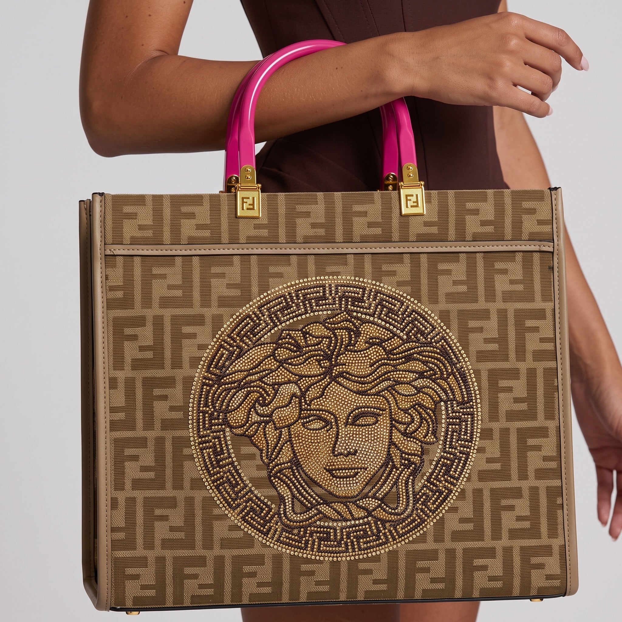 Fendace Tote β Brown FF Monogram with Pink Handles ππ fendi x Versace collaboration