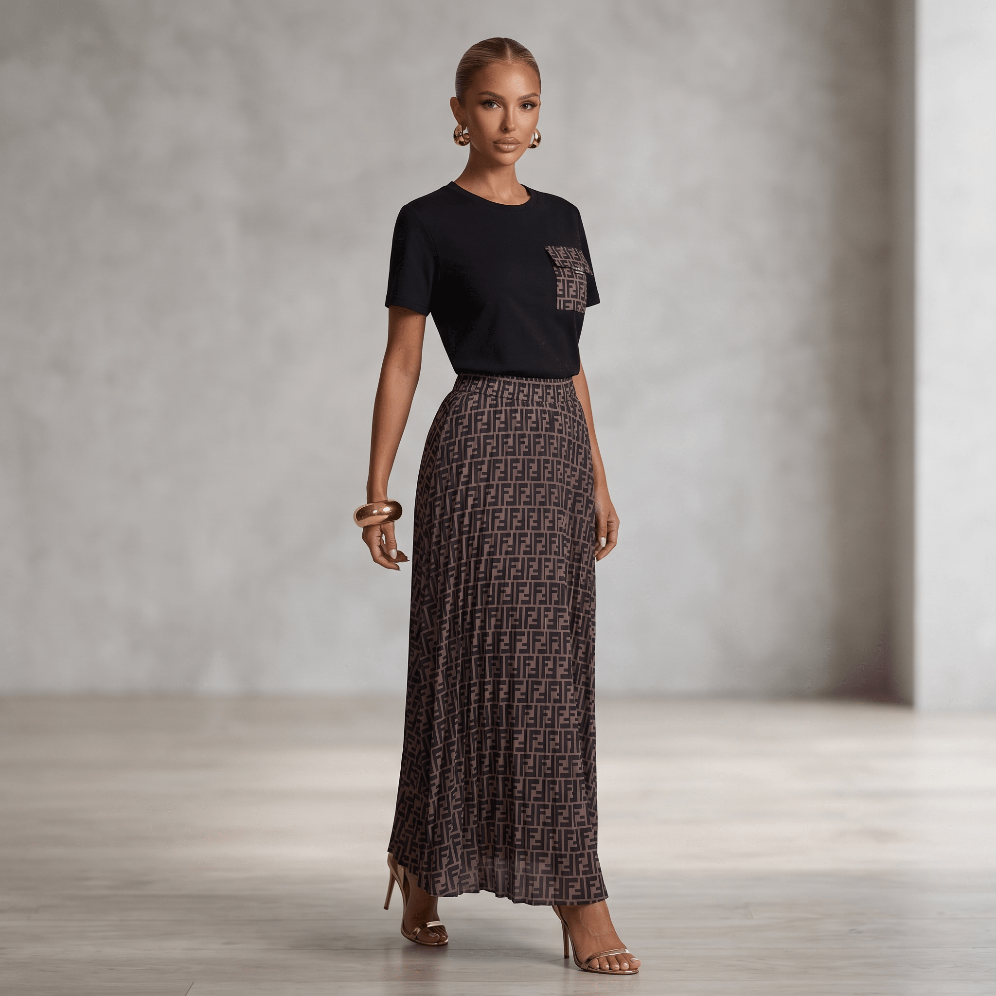 π€π€ Fendi FF Monogram T-Shirt & Maxi Skirt Set |