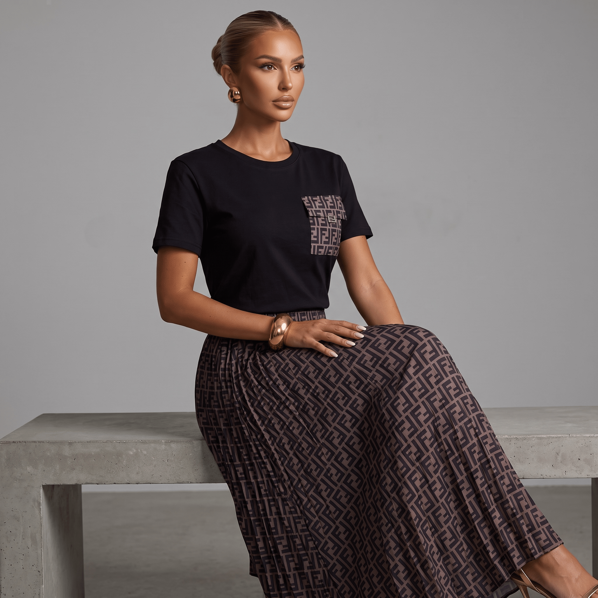 π€π€ Fendi FF Monogram T-Shirt & Maxi Skirt Set |