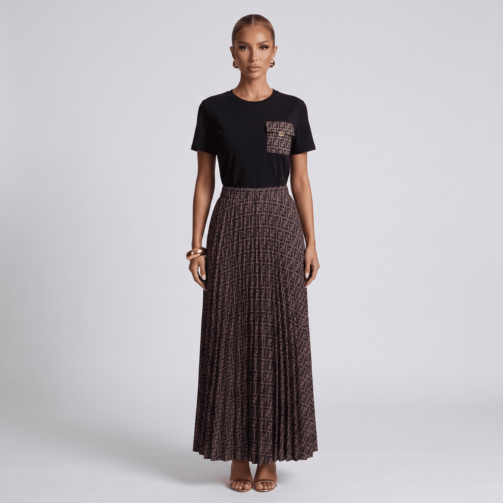 π€π€ Fendi FF Monogram T-Shirt & Maxi Skirt Set |