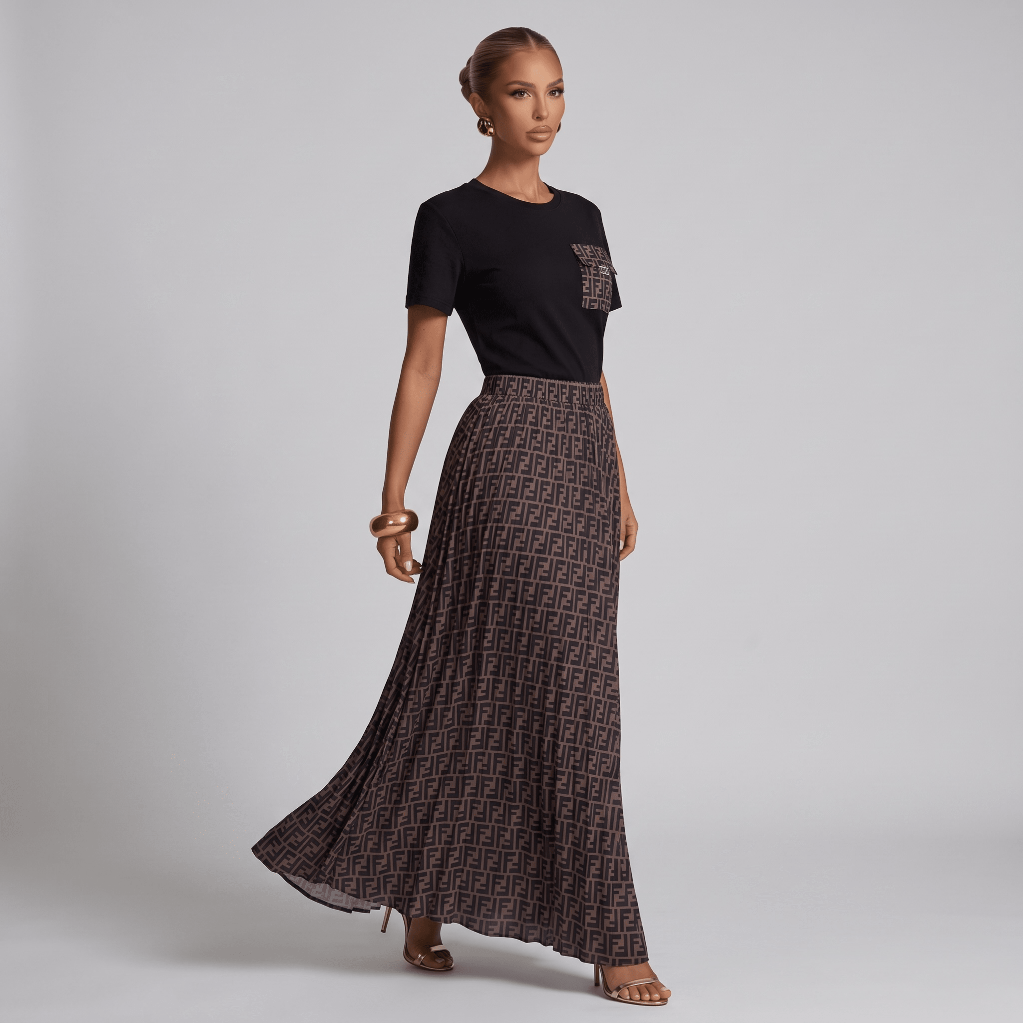π€π€ Fendi FF Monogram T-Shirt & Maxi Skirt Set |