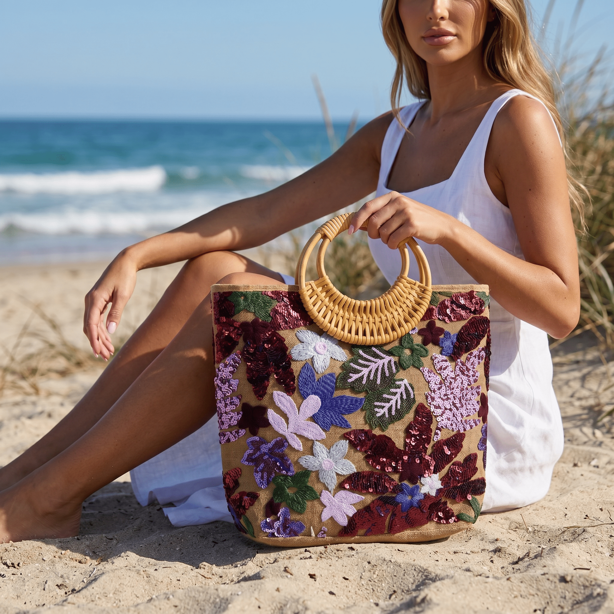 Floral Sequin Beach Tote Bag 🌸👜✨