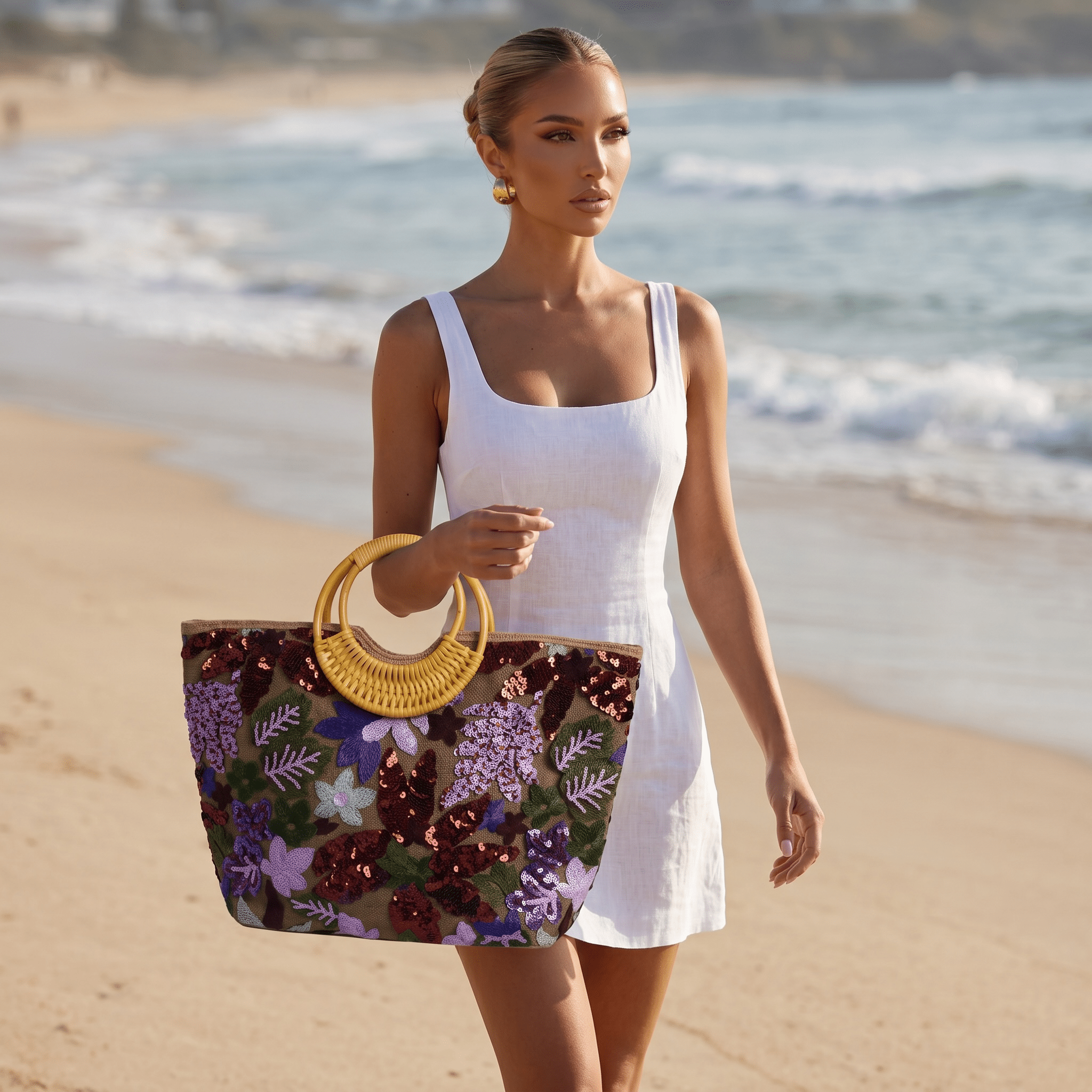 Floral Sequin Beach Tote Bag 🌸✨👜