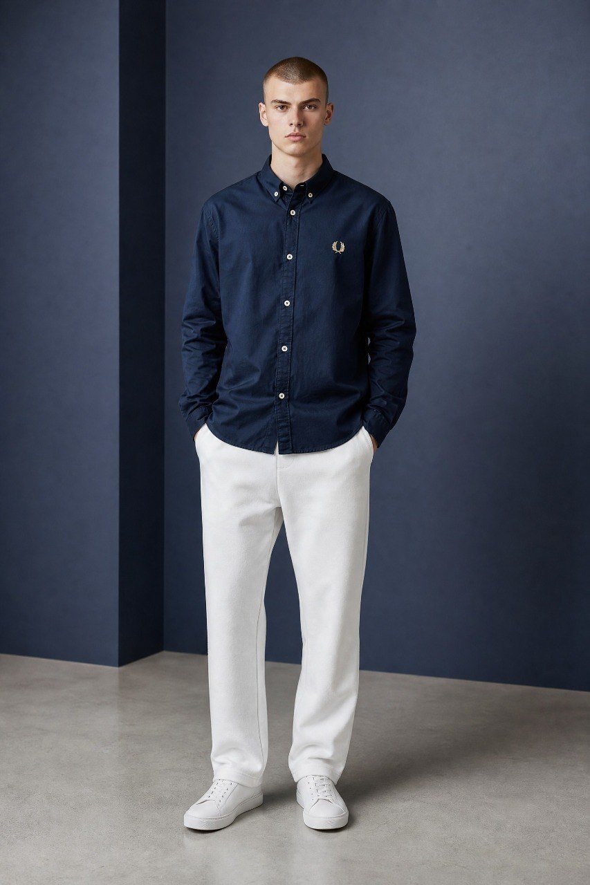Fred Perry Premium Navy Blue Button Down Oxford Shirt for Men β Luxury Smart Casual Long Sleeve Designer Essential πβ¨