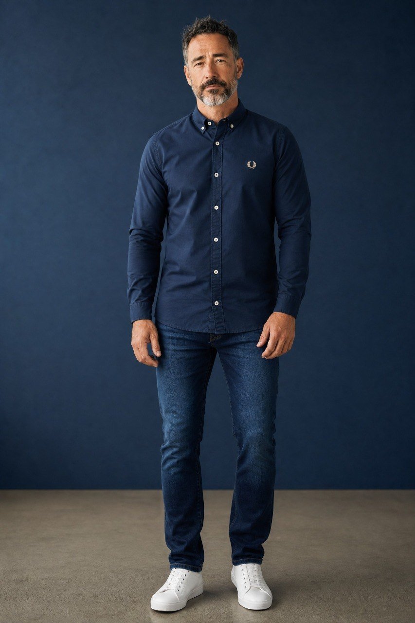 Fred Perry Premium Navy Blue Button Down Oxford Shirt for Men β Luxury Smart Casual Long Sleeve Designer Essential πβ¨