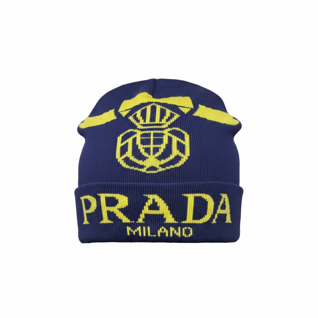 💛 Prada Milano Navy & Yellow Beanie | Luxury Knit Streetwear Hat