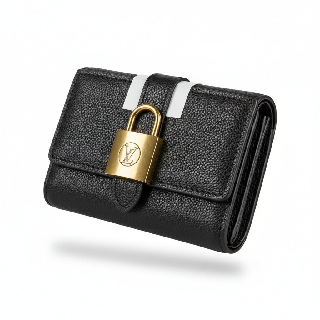 Louis Vuitton Lock Wallet šš¤ Black Textured Leather Luxury Card Holder