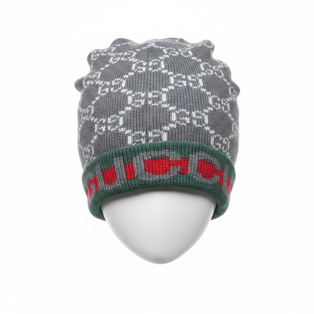 š©¶ Gucci Grey GG Knit Beanie with Green & Red Trim | Luxury Winter Hat