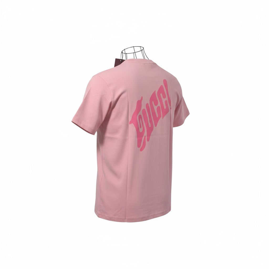 GUCCI Pink Graphic Logo Tee – Bold, Playful, Iconic