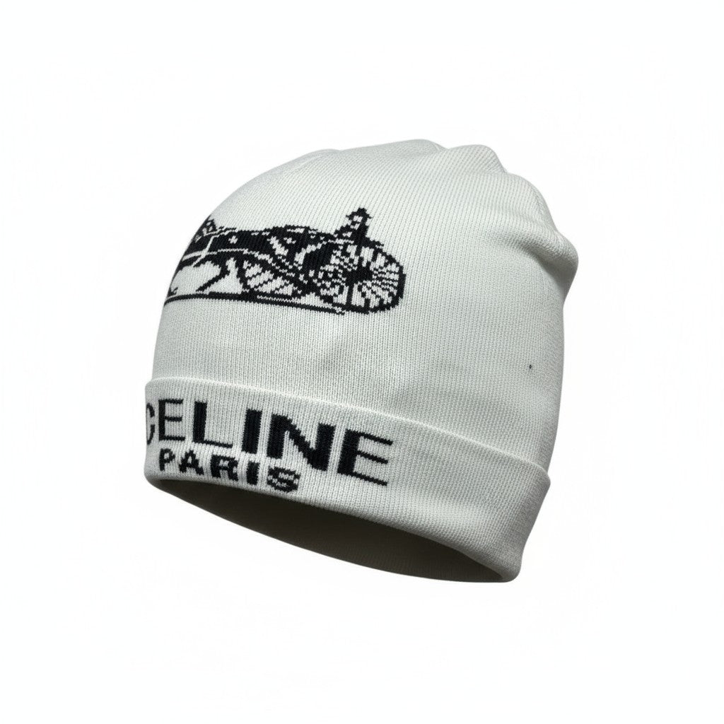 š¤ CELINE Paris White Beanie | Horse Carriage Logo Knit Hat