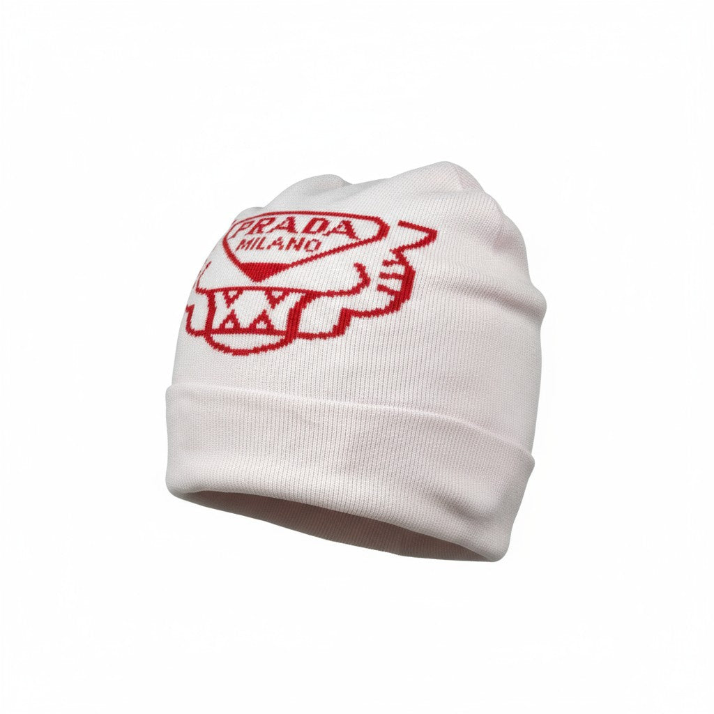 š¤ Prada Milano White & Red Beanie | Luxury Knit Winter Hat