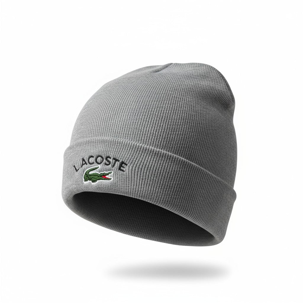 š Lacoste Grey Ribbed Beanie | Classic Crocodile Logo Knit Hat
