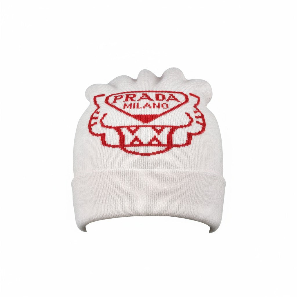 š¤ Prada Milano White & Red Beanie | Luxury Knit Winter Hat