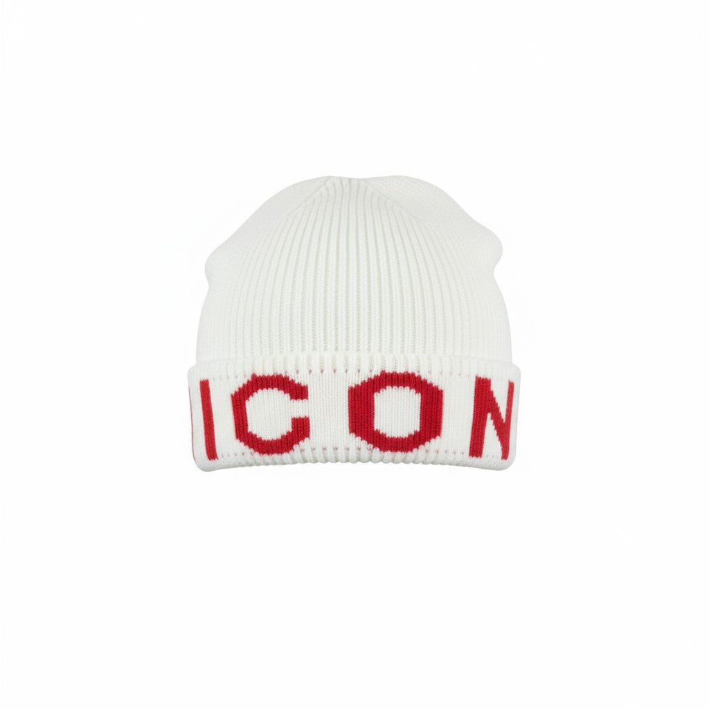 š¤ Dsquared2 ICON White Beanie | Bold Red Logo Knit Hat