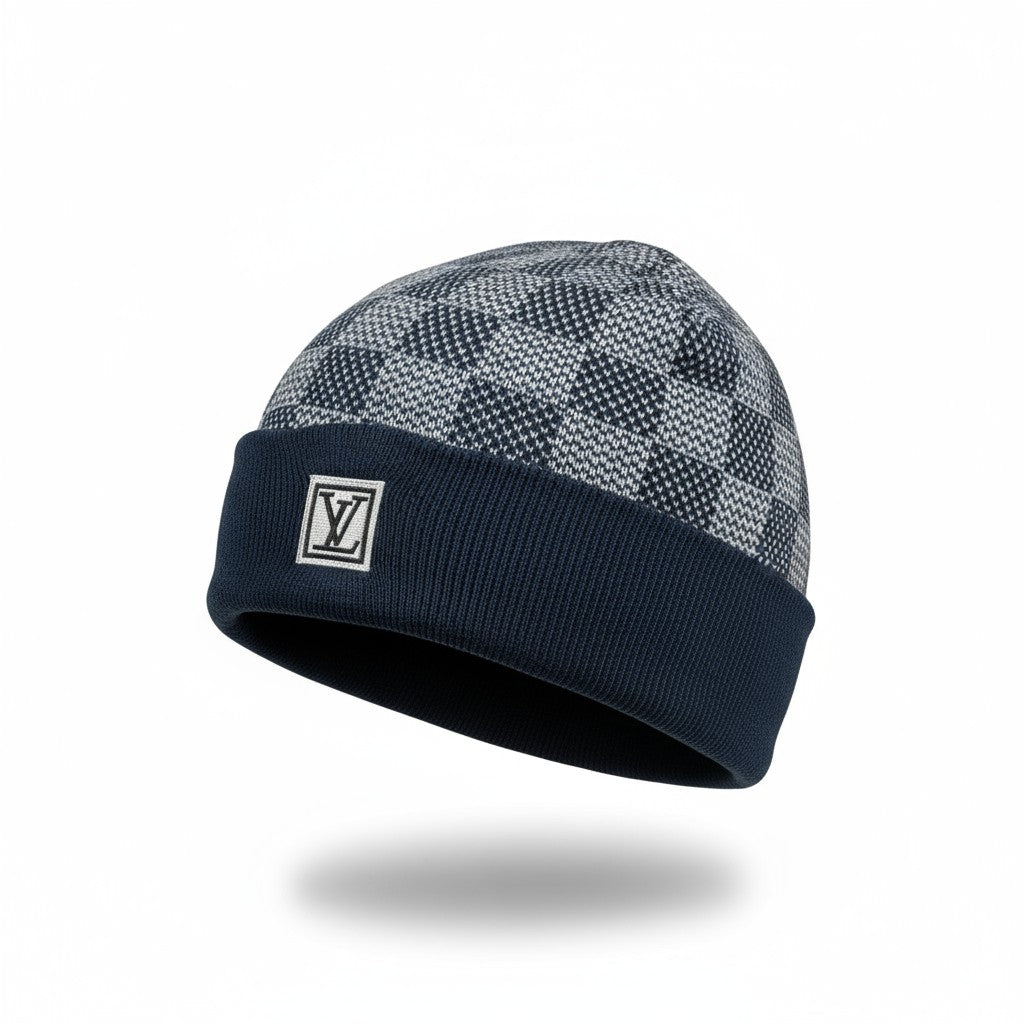 𩵠Louis Vuitton Damier Navy Beanie | Signature Check Knit Winter Hat