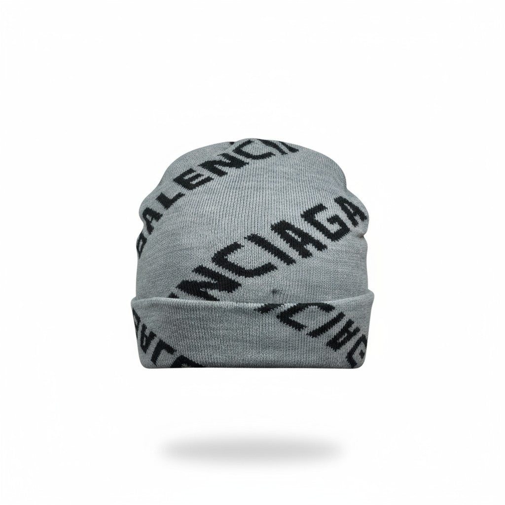 🩶 Balenciaga Grey Logo Beanie | All-Over Monogram Knit Hat