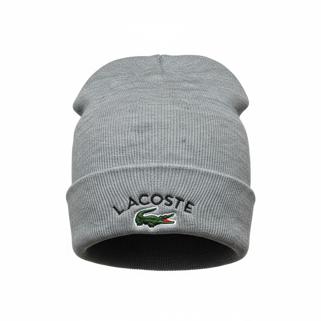 š Lacoste Grey Ribbed Beanie | Classic Crocodile Logo Knit Hat