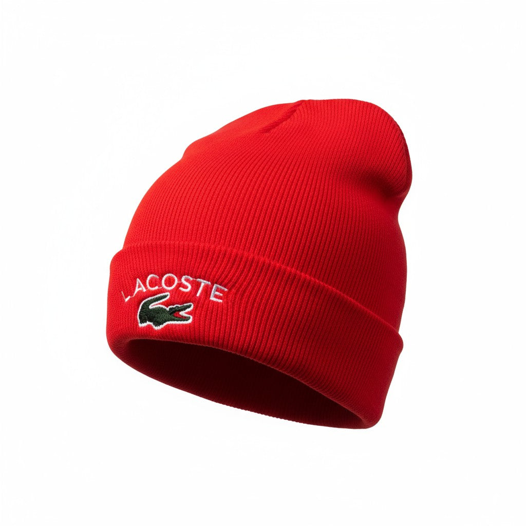 š Lacoste Red Ribbed Beanie | Signature Crocodile Logo Hat