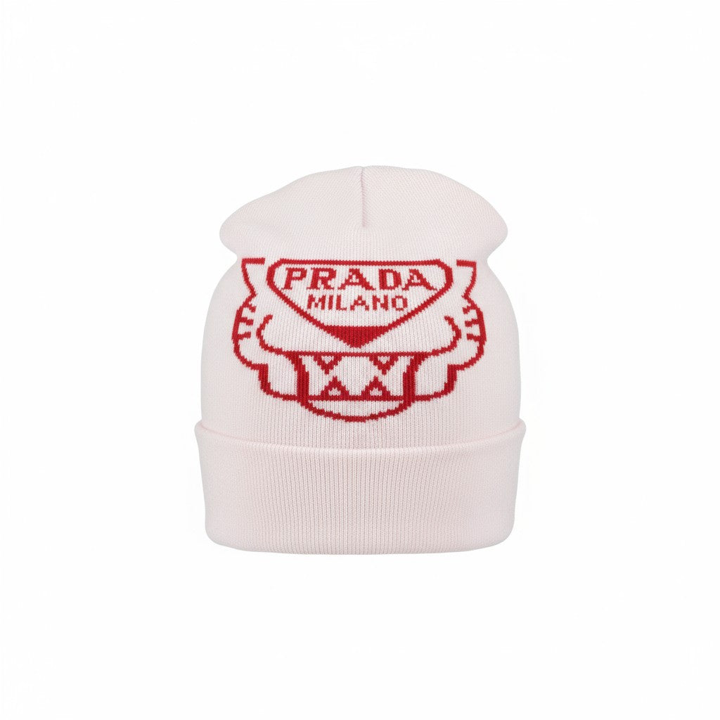 š¤ Prada Milano White & Red Beanie | Luxury Knit Winter Hat