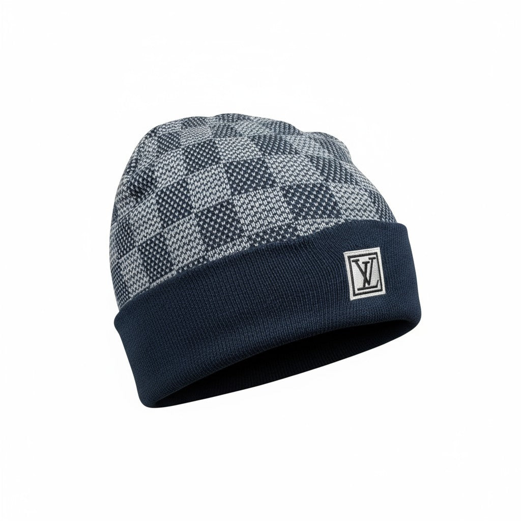 𩵠Louis Vuitton Damier Navy Beanie | Signature Check Knit Winter Hat