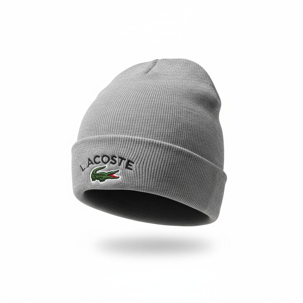 š Lacoste Grey Ribbed Beanie | Classic Crocodile Logo Knit Hat