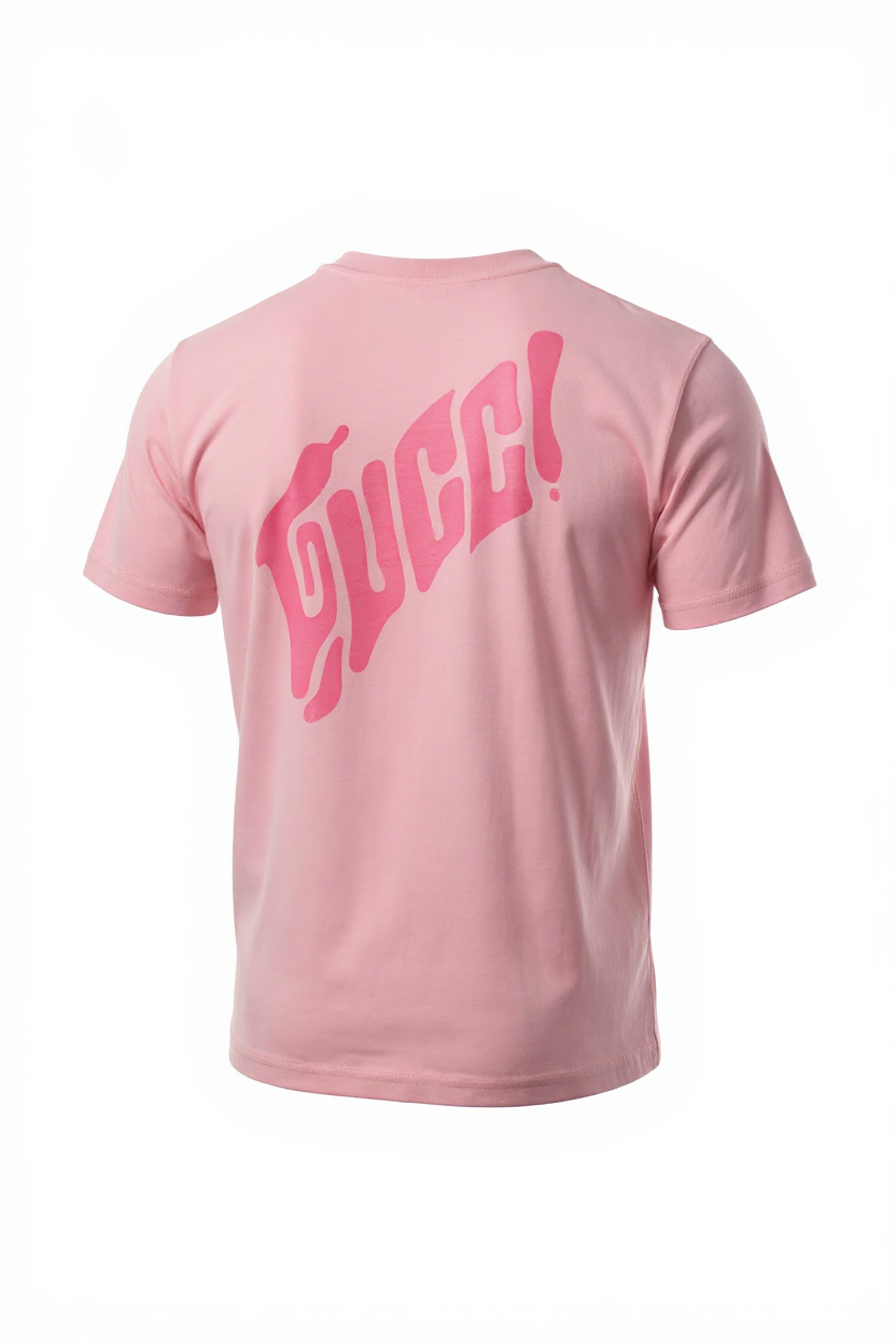 GUCCI Pink Graphic Logo Tee – Bold, Playful, Iconic