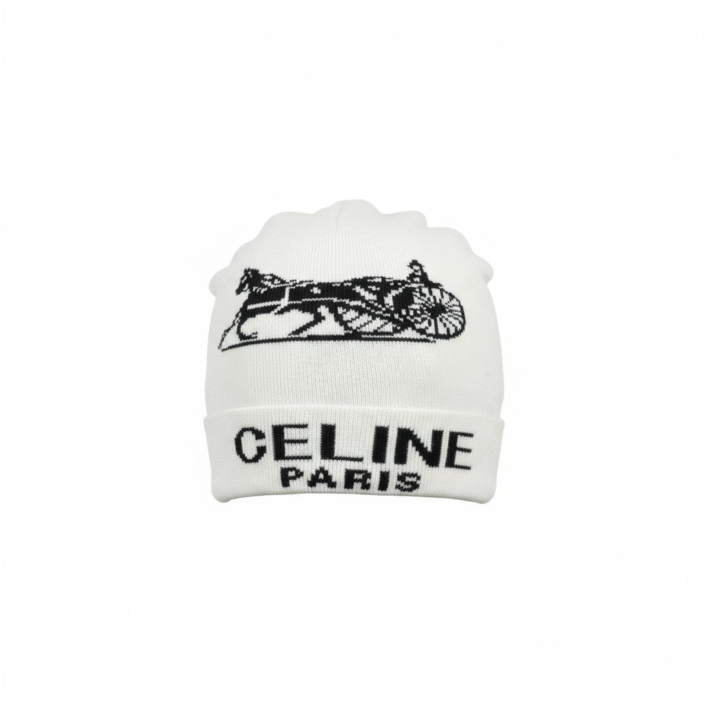 š¤ CELINE Paris White Beanie | Horse Carriage Logo Knit Hat