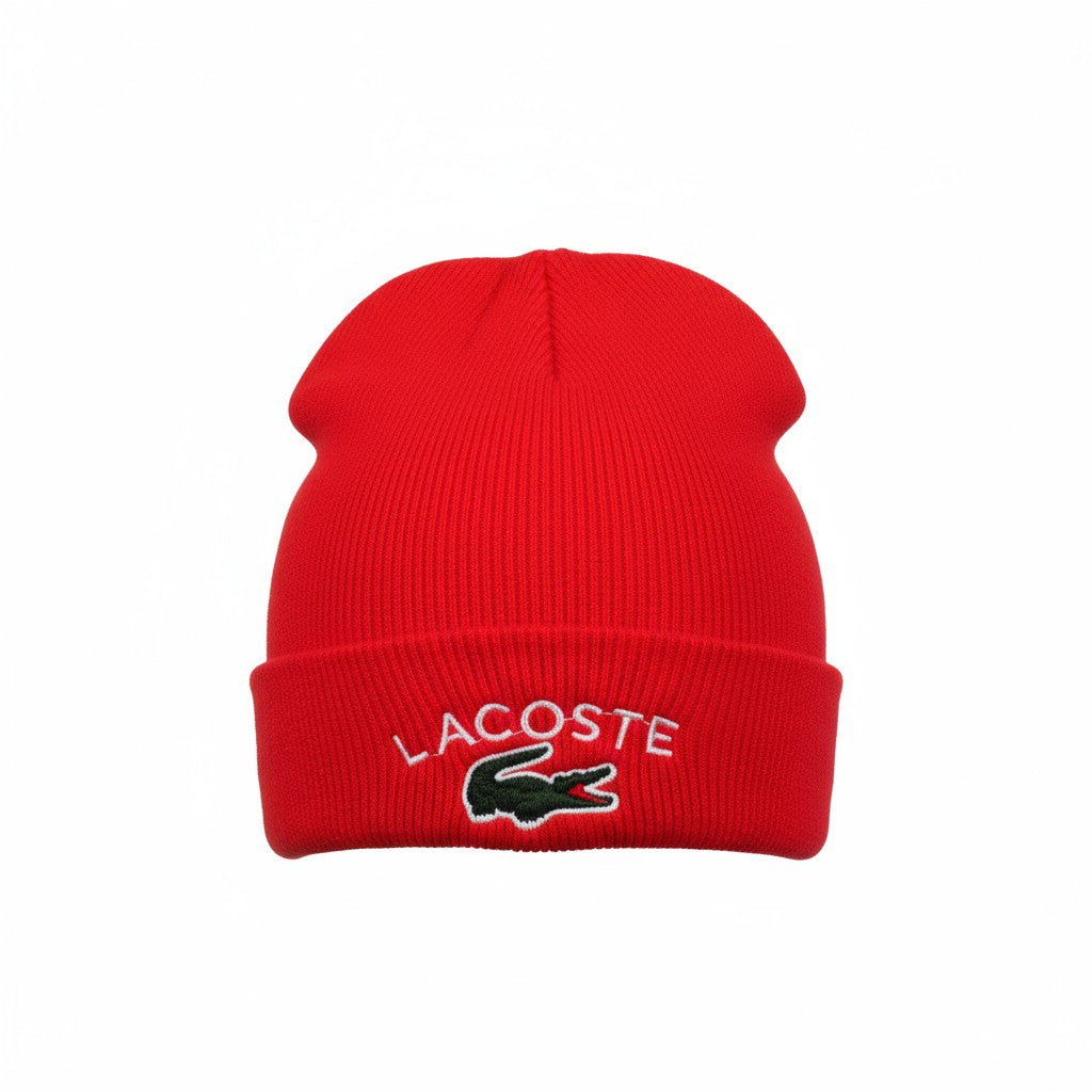 š Lacoste Red Ribbed Beanie | Signature Crocodile Logo Hat