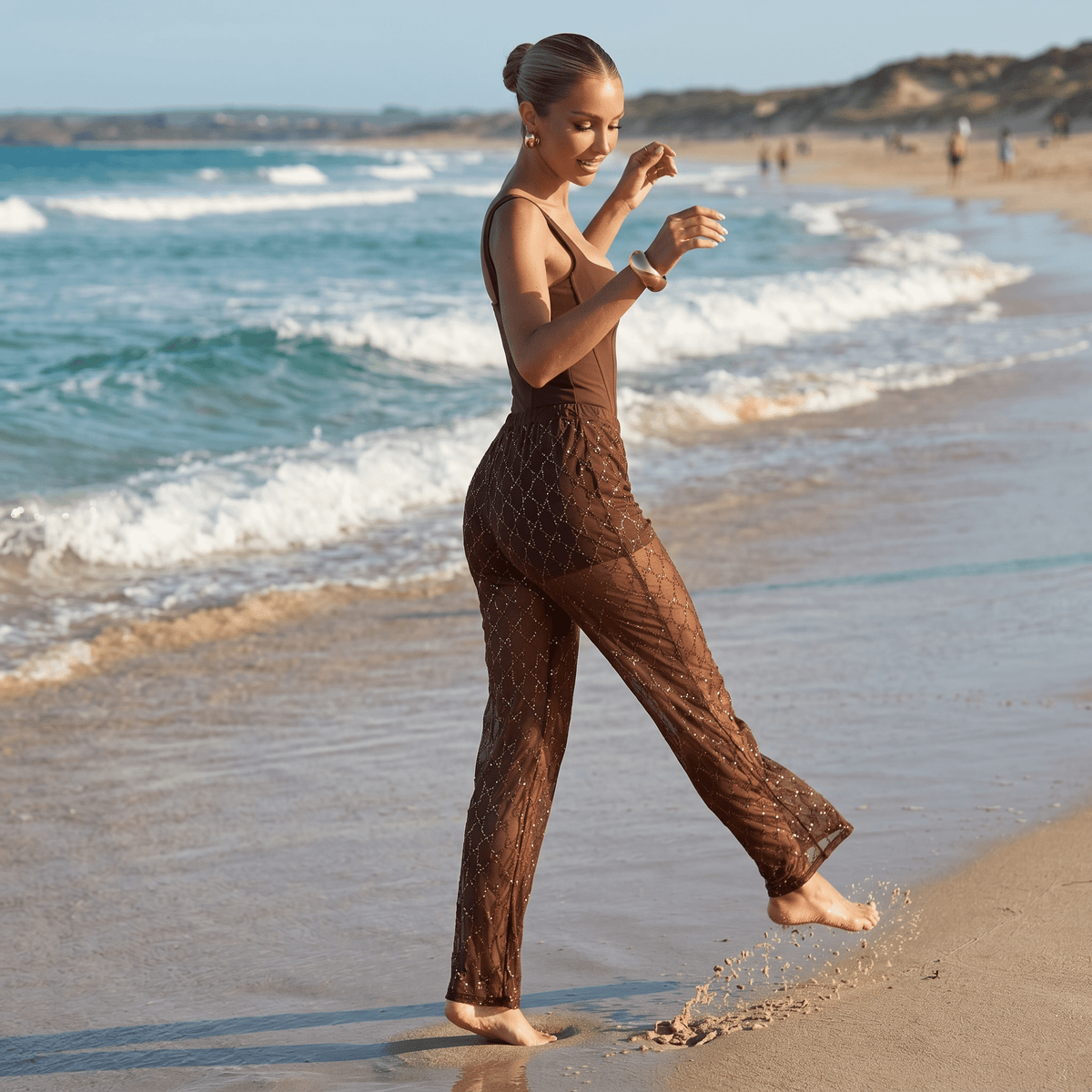 Gucci Brown Sheer Crystal Logo Pants π€β¨