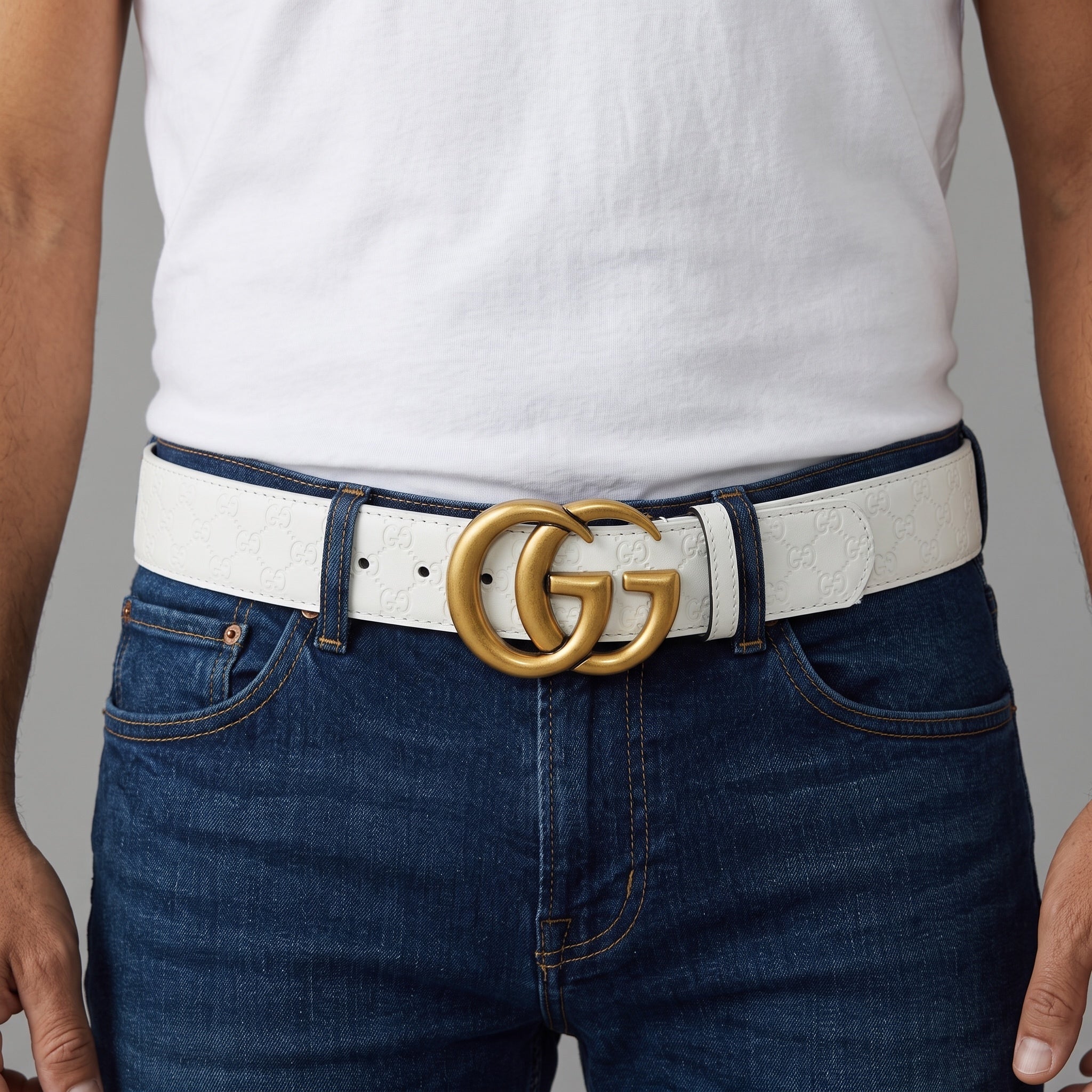 Gucci Double G Belt – White Embossed Leather 🟡