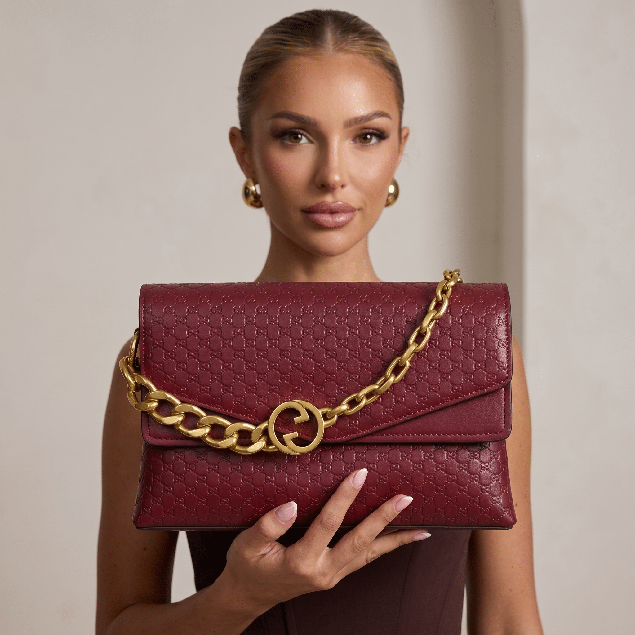 Gucci GG Emblem Leather Chain Shoulder Bag – Burgundy Red ❤️✨