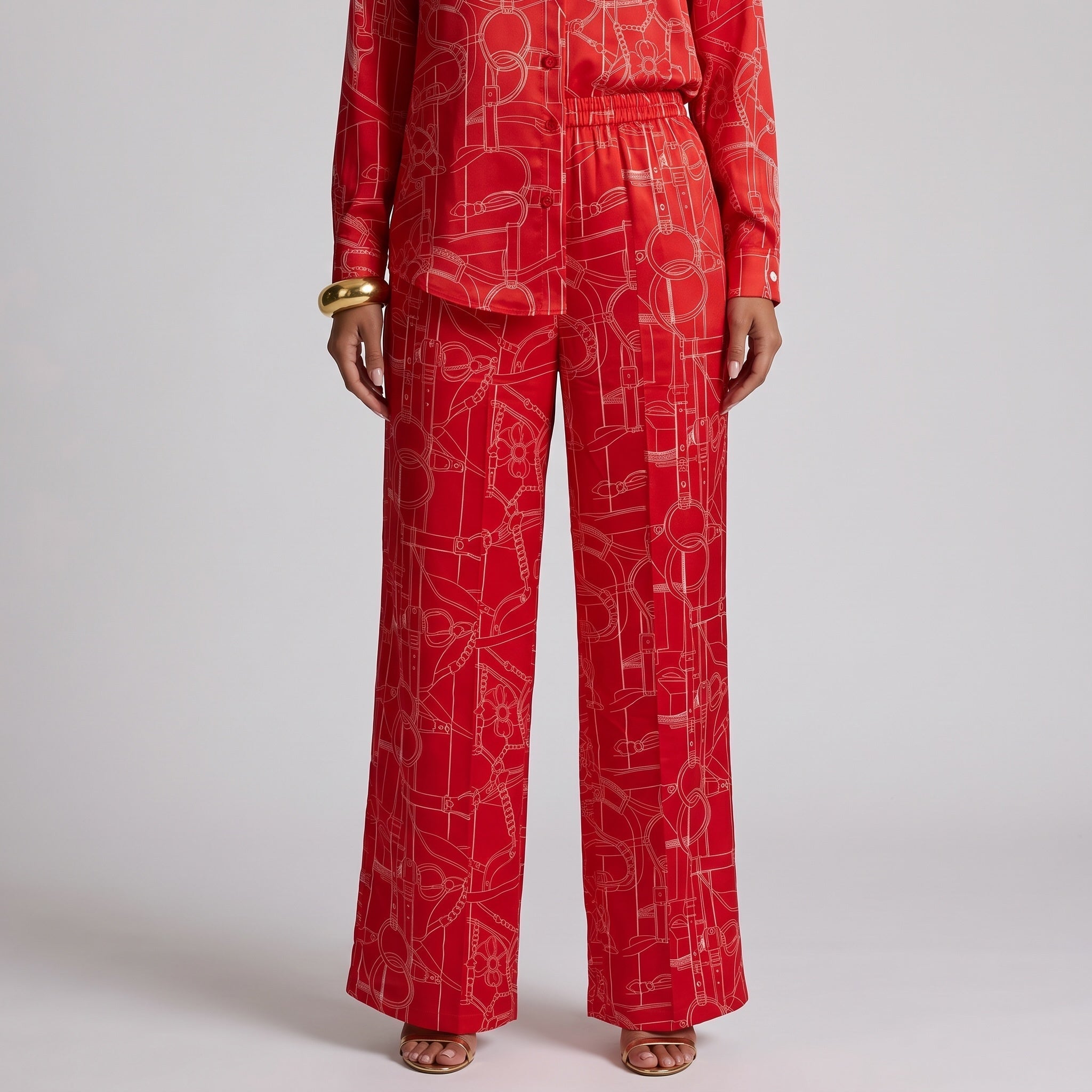 HermΓ¨s Equestrian Print Shirt & Wide-Leg Pants Set β Red ππone size