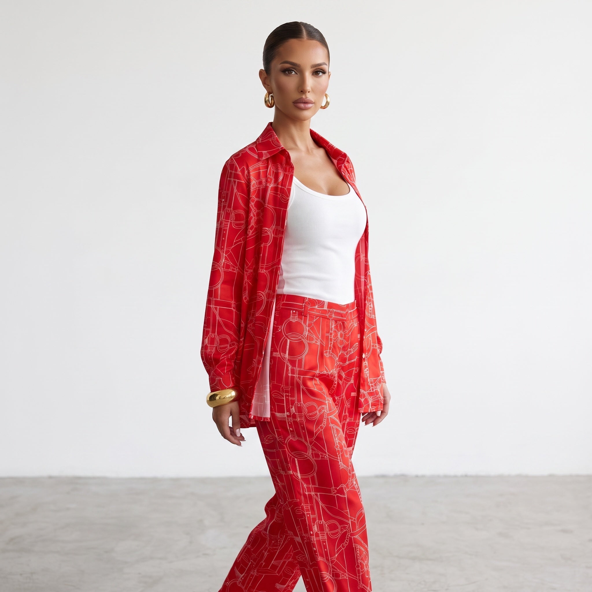 HermΓ¨s Equestrian Print Shirt & Wide-Leg Pants Set β Red ππone size