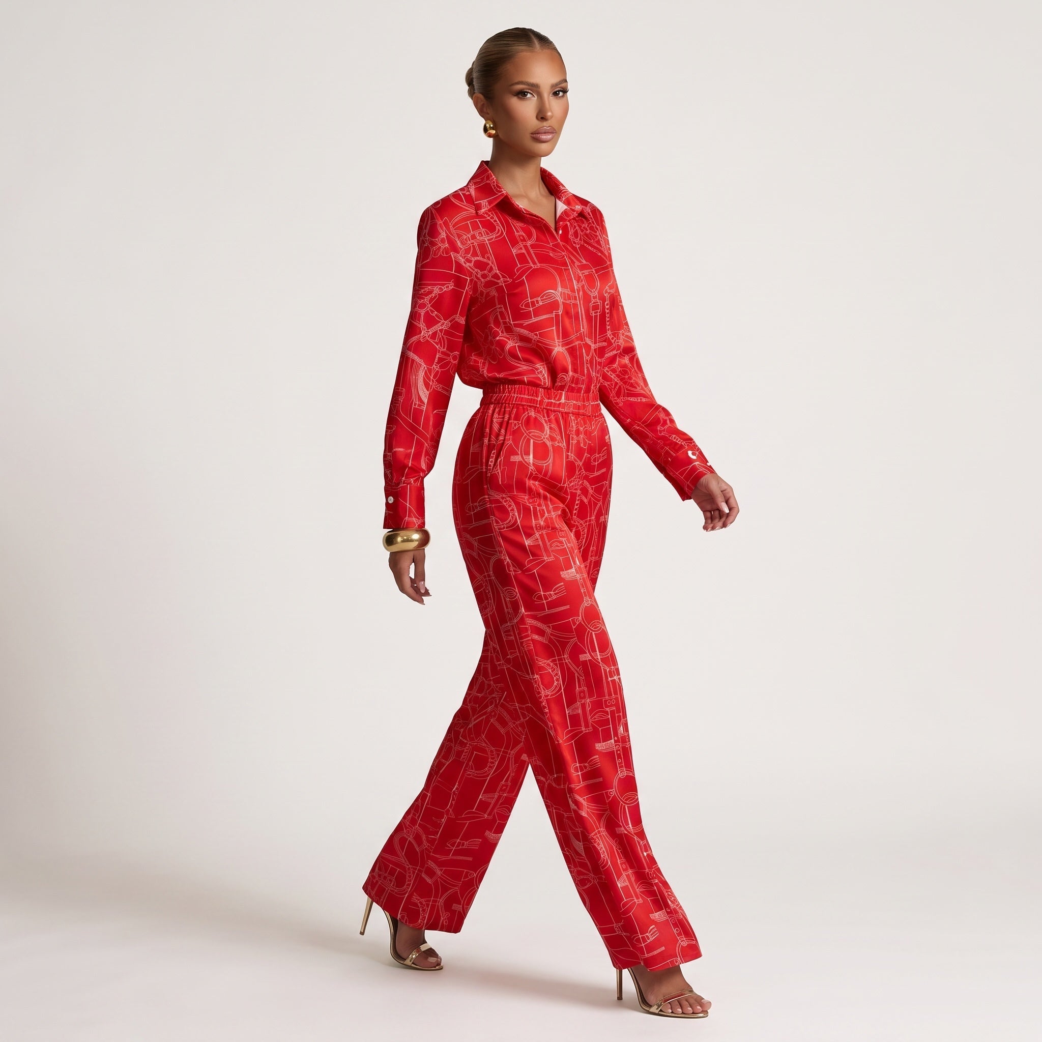 HermΓ¨s Equestrian Print Shirt & Wide-Leg Pants Set β Red ππone size