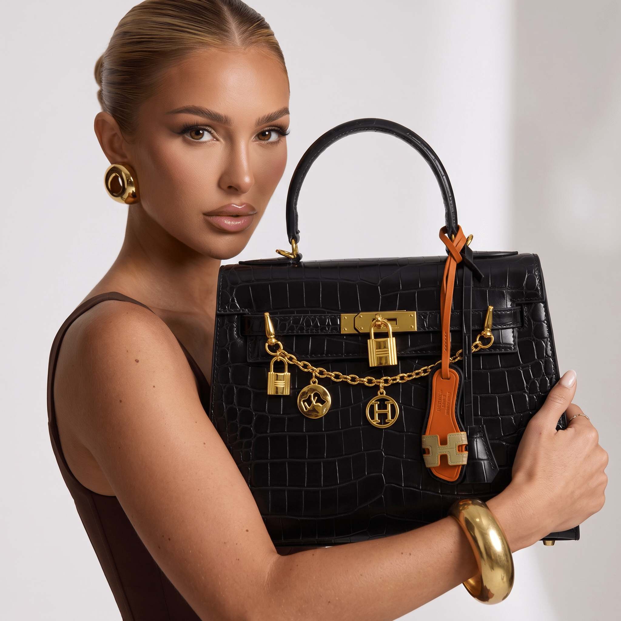 Hermes kelly 28 Top Handle Croc Tote β Black πβ¨