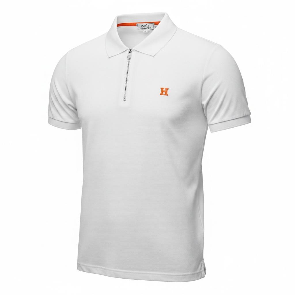 🤍 Hermès Style White Zip Polo – Minimal Luxury with Orange Accent 🧡✨