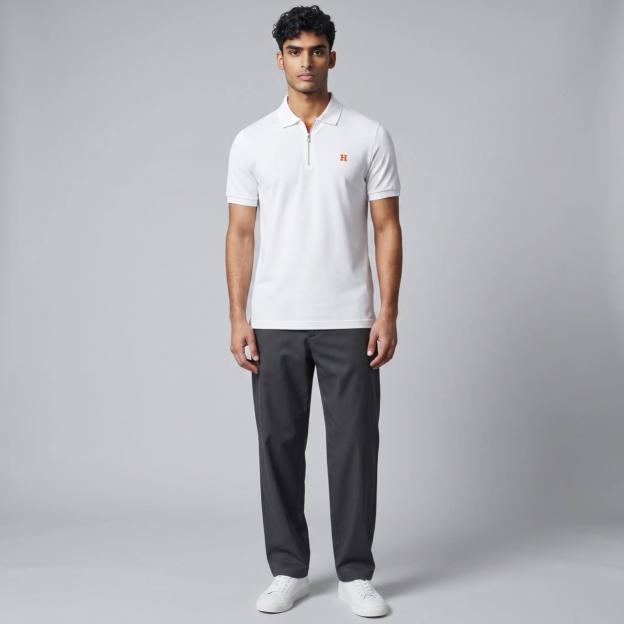 🤍 Hermès Style White Zip Polo – Minimal Luxury with Orange Accent 🧡✨