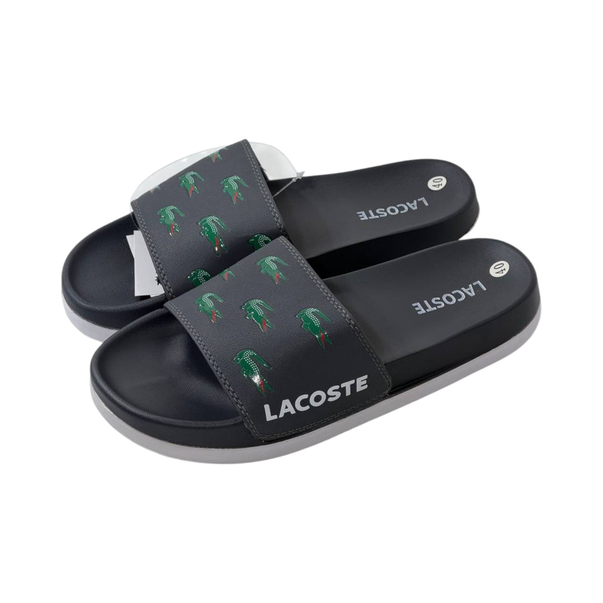 Lacoste Crocodile Print Slides — Midnight Black