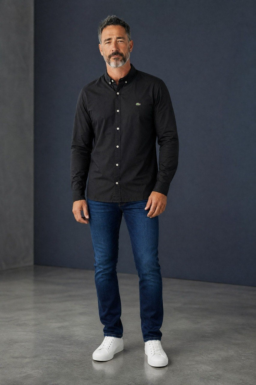 Lacoste Premium Black Button Down Oxford Shirt for Men β Luxury Smart Casual Long Sleeve Designer Essential π€β¨